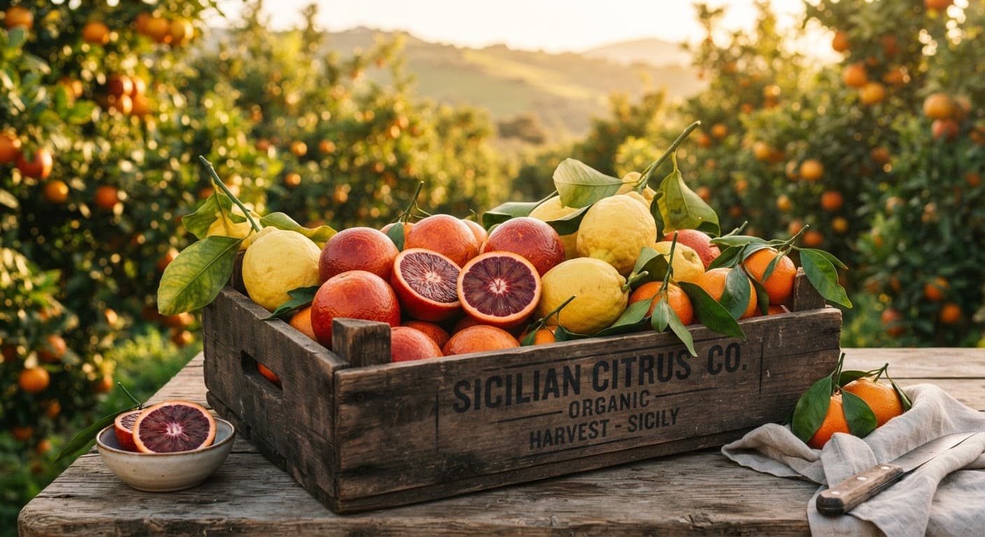 Cassetta di legno con arance, limoni e mandarini freschi di Sicilia